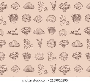 Seamless pattern medicinal mushrooms  Chaga  reishi  shitaki  cordyceps  turkey tail   lions mane mushroom illustration 	