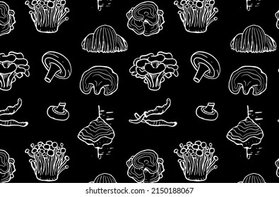 Seamless pattern of medicinal mushrooms on black background. Chaga, reishi, shitaki, cordyceps, turkey tail and lions mane mushroom illustration.	