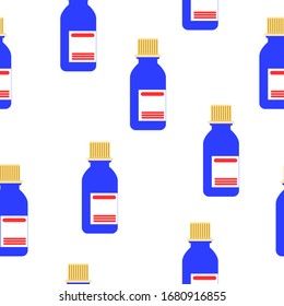 Seamless pattern with medicine bottles. Cough syrup. Flat style. Classic blue. Pharmacy and health care. Medication, pharmaceutical concept. Antibiotic therapy. Pneumonia and coronavirus treatment