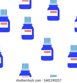 Seamless pattern with medicine bottles. Cough syrup. Flat style. Classic blue. Pharmacy and health care. Medication, pharmaceutical concept. Antibiotic therapy. Pneumonia and coronavirus treatment