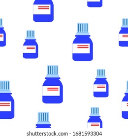 Patrón transparente con botellas medicinales. Jarabe para la tos. Estilo plano. Azul clásico. Farmacia y atención médica. Medicación, concepto farmacéutico. Terapia antibiótica. Tratamiento de neumonía y coronavirus