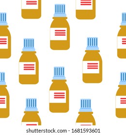 Seamless pattern with medicine bottles. Cough syrup. Flat style. Pharmacy and health care. Medication, pharmaceutical concept. Antibiotic therapy. Pneumonia and coronavirus treatment