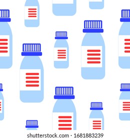 Seamless pattern with medicine bottles. Cough syrup. Flat style. Light blue. Pharmacy and health care. Medication, pharmaceutical concept. Antibiotic therapy. Pneumonia and coronavirus treatment