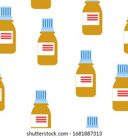 Seamless pattern with medicine bottles. Cough syrup. Flat style. Pharmacy and health care. Medication, pharmaceutical concept. Antibiotic therapy. Pneumonia and coronavirus treatment