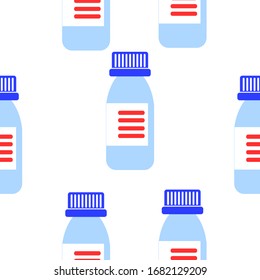 Seamless pattern with medicine bottles. Cough syrup. Flat style. Light blue. Pharmacy and health care. Medication, pharmaceutical concept. Antibiotic therapy. Pneumonia and coronavirus treatment