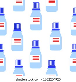 Seamless pattern with medicine bottles. Cough syrup. Flat style. Light blue. Pharmacy and health care. Medication, pharmaceutical concept. Antibiotic therapy. Pneumonia and coronavirus treatment