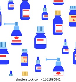 Seamless pattern with medicine bottles and jars. Nasal drops. Throat spray. Pharmacy and health care. Medication, pharmaceutical concept. Antibiotic therapy. Pneumonia and coronavirus treatment