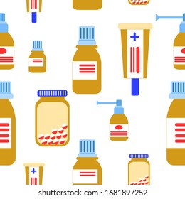 Patrón transparente con botellas y jarras de medicina. Gotas nasales. Pulverización. Farmacia y atención médica. Medicación, concepto farmacéutico. Terapia antibiótica. Tratamiento de neumonía y coronavirus