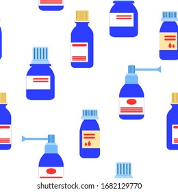 Seamless pattern with medicine bottles and jars. Nasal drops. Throat spray. Pharmacy and health care. Medication, pharmaceutical concept. Antibiotic therapy. Pneumonia and coronavirus treatment