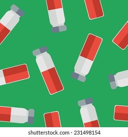Seamless pattern - medicine bottles over green background in flat style colors