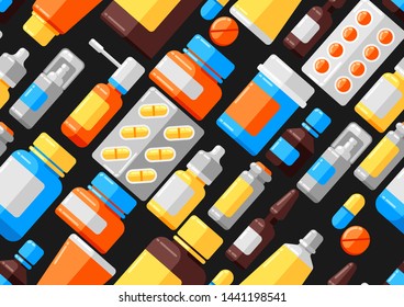 Patrón sin fisuras con las botellas y las píldoras de la medicina. Fondo médico en estilo plano.