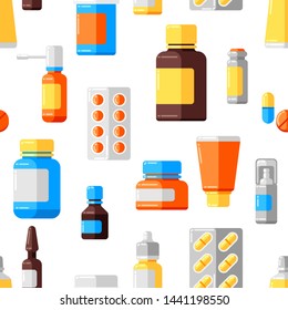 Seamless pattern with medicine bottles and pills. Medical background in flat style.