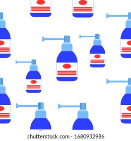 Seamless pattern medicine bottles. Throat spray. Flat style. Pharmacy and health care. Cold, flu. Medication, pharmaceutical concept. Angina therapy. Pneumonia and coronavirus treatment. COVID-19
