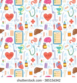 Seamless pattern of medicine elements in color cartoon style. For children clinics and doctor's offices. Cute elements will make your medical office more cute and cheerful.