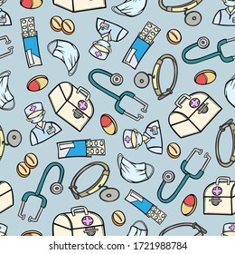 seamless pattern medicine hospital doctor pills equipment professional treatment wallpaper vector colored objects doodle sketch background texture print for pharmacy banner