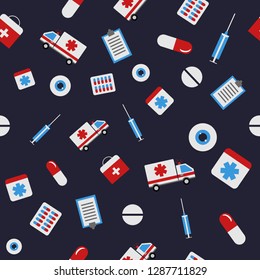Seamless pattern with medicine items. Ambulance, pill, eye, tablet, syringe. Vector illustration.