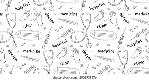 Seamless pattern with medicine items and lettering. Vector hand drawn outline illustration in doodle style. Symbols of doctors, hospitals, clinics, treatment, medical care