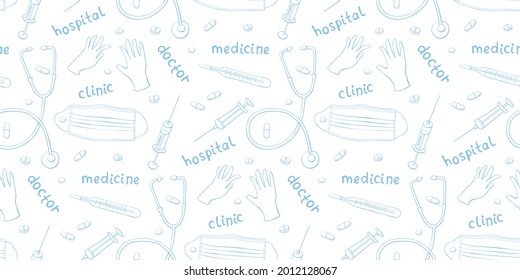 Seamless pattern with medicine items and lettering. Vector hand drawn outline illustration in doodle style. Symbols of doctors, hospitals, clinics, treatment, medical care