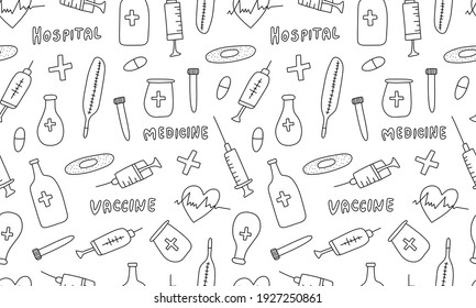 Seamless pattern with medicine items. Vector hand drawn illustration in doodle style. Medical first aid kit