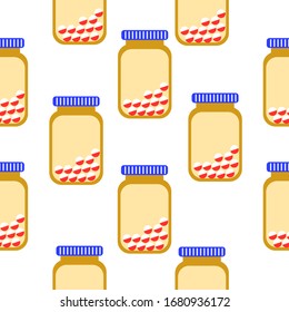 Patrón sin inconvenientes con las jarras de medicina con pastillas. Jarabe para la tos. Estilo plano. Farmacia y atención médica. Medicación, concepto farmacéutico. Terapia antibiótica. Tratamiento de neumonía y coronavirus