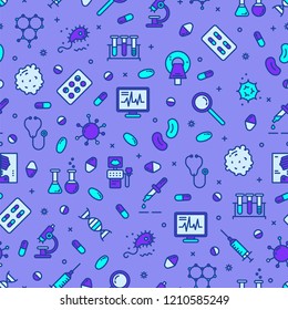 Seamless pattern medicine, laboratory, lab tests & healthcare, medical equipment, tools. 