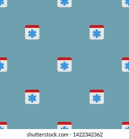 Seamless pattern with medicine sign. First aid icon. Flat style. Vector illustration for design, web, wrapping paper, fabric, wallpaper.