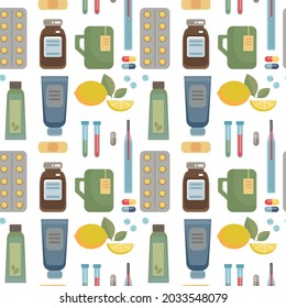 Nahtloses Muster mit Medizin, Thermometern, Tabletten für Erkältungen und Krankheiten auf weißem Hintergrund. Vektorgrafik im minimalistischen Flachstil. Medizinischer Druck auf Textilien, Druckdesign, Postkarten.