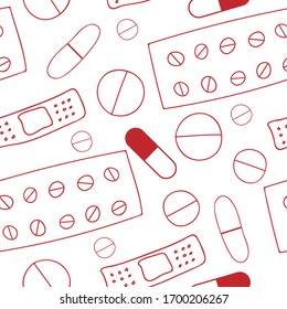 Seamless pattern with medicines,  capsules, medicaments, drugs, pills and tablets. Hand drawn outline vector illustration in doodle style. Perfect for medical, pharmacy, drugstore design, print EPS 10