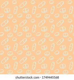 Nahtlose Muster mit Arzneimitteln, Kapseln, Arzneimitteln, Arzneimitteln, Tabletten und Tabletten. Hintergründe und Texturen der medizinischen Apotheke. Vektorgrafik EPS10 im Doodle-Stil