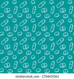 Seamless pattern with medicines, capsules, medicaments, drugs, pills and tablets. Medical pharmacy backgrounds and textures. Vector EPS10 illustration in doodle style