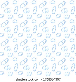 Seamless pattern with medicines, capsules, medicaments, drugs, pills and tablets. Medical pharmacy backgrounds and textures. Vector EPS10 illustration in doodle style