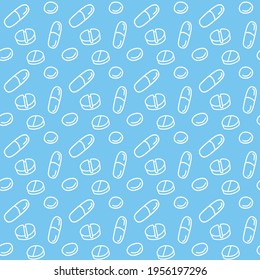 Seamless pattern with medicines, capsules, medicaments, drugs, pills and tablets. Medical pharmacy backgrounds and textures. Vector EPS10 illustration in doodle style