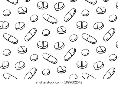 Seamless pattern with medicines, capsules, medicaments, drugs, pills and tablets. Medical pharmacy backgrounds and textures. Vector EPS10 illustration in doodle style