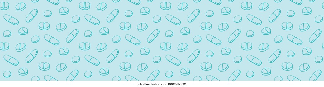 Seamless pattern with medicines, capsules, medicaments, drugs, pills and tablets. Medical pharmacy backgrounds and textures. Vector EPS10 illustration in doodle style