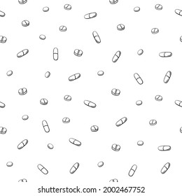 Patrón sin problemas con medicamentos, cápsulas, medicamentos, medicamentos, píldoras y comprimidos. Fondos y texturas de farmacia médica. Ilustración EPS10 vectorial en estilo doodle