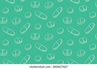 Patrón sin problemas con medicamentos, cápsulas, medicamentos, medicamentos, píldoras y comprimidos. Fondos y texturas de farmacia médica. Ilustración EPS10 vectorial en estilo doodle