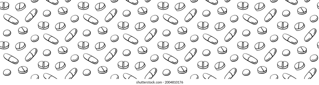 Seamless pattern with medicines, capsules, medicaments, drugs, pills and tablets. Medical pharmacy backgrounds and textures. Vector EPS10 illustration in doodle style