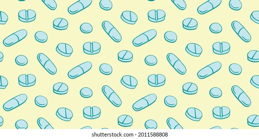 Nahtlose Muster mit Arzneimitteln, Kapseln, Arzneimitteln, Arzneimitteln, Tabletten und Tabletten. Hintergründe und Texturen der medizinischen Apotheke. Vektorgrafik EPS10 im Doodle-Stil