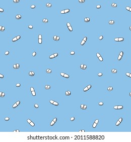 Seamless pattern with medicines, capsules, medicaments, drugs, pills and tablets. Medical pharmacy backgrounds and textures. Vector EPS10 illustration in doodle style