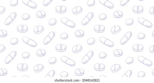 Seamless pattern with medicines, capsules, medicaments, drugs, pills and tablets. Medical pharmacy backgrounds and textures. Vector EPS10 illustration in doodle style