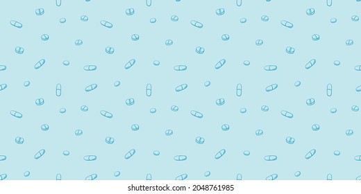 Seamless pattern with medicines, capsules, medicaments, drugs, pills and tablets. Medical pharmacy backgrounds and textures. Vector EPS10 illustration in doodle style