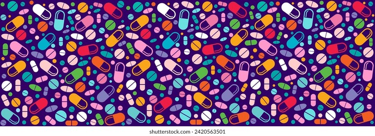 Patrón sin problemas con medicamentos, cápsulas, medicamentos, medicamentos, píldoras y comprimidos. Fondos y texturas de farmacia médica. Bien para el diseño de tela textil, papel de envoltura, fondos de pantalla de sitio web, textiles