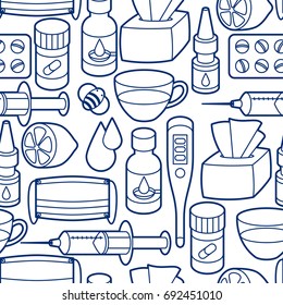 Seamless pattern with medicines and medical objects. Treatment of cold and flu.
