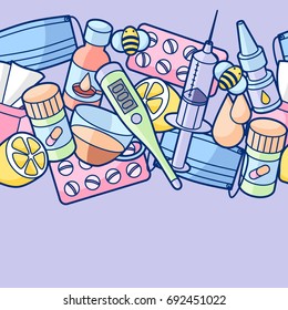 Seamless pattern with medicines and medical objects. Treatment of cold and flu.