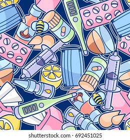 Seamless pattern with medicines and medical objects. Treatment of cold and flu.