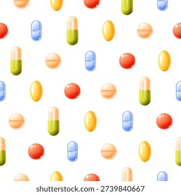 A seamless pattern of medicines and pills of various shapes and colors on a white background, with scattered pills. Vector illustration of a medical themed pattern.