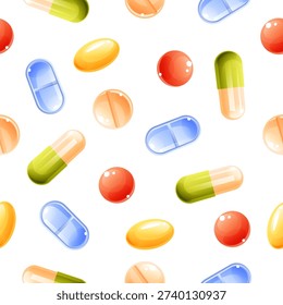 A seamless pattern of medicines and pills of various shapes and colors on a white background, with scattered pills. Vector illustration of a medical themed pattern.