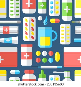 Seamless pattern with medicines. Pills, vitamins, capsules, hot beverage, thermometer - first aid for colds. Disease and treatment. Medical background. Vector illustration.