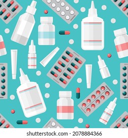 
seamless pattern of medicines, tablets and pills. pharmacy products make up the background on a medical topic.
 flat drawing, stock vector illustration. EPS 10.