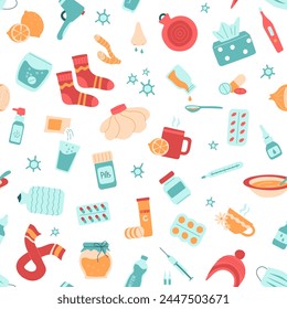 Seamless pattern of medicines for treatment of cold or flu. Continuous print of pills, tablets, sprays, drops, for fever, viral diseases, illness. Isolated vector illustration